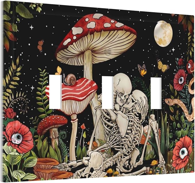 Skeleton Moon Star Plants Flora Triple Toggle Light Switch Cover Decorative 3 Gang Wall Plates Electrical Faceplate Mushroom Skull for Decor Bathroom Kitchen Bedroom