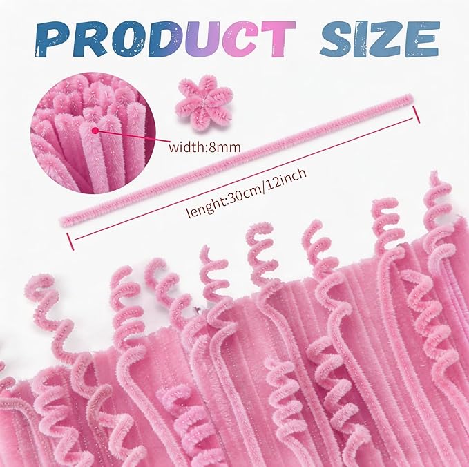 VZF Pink Pipe Cleaners Craft Supplies,Chenille Stems for Art and Craft Projects Creative DIY Decorations,Room Decor,Christmas Ornaments,The Pink Stuff Wrapping Pape,Lovely Girl Toys,Halloween Decor