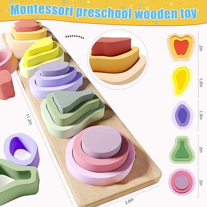 Symdiro Montessori Toys for 1 2 3 Year Old Boys Girls - Wooden Sorting & Stacking Toys for Kids - Toddler Toys Age 1-3 - Shape Sorter and Color Stacker Preschool Kids Gifts