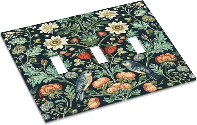 Light Switch Cover Plate Strawberry Birds Flowers Plant Morris Floral 3 Gang Triple Toggle Decorative Switch Plates Wall Plates Electrical Switchplate Faceplate for Bathroom Bedroom Decor