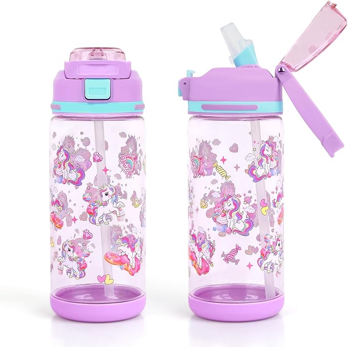 decalsweet Kids Water Bottle 20oz Durable Leak-Proof Plastic Water Cup for Kids Toddlers,With Straw Handle and Pop-Up Spout Cover,Safe for School Sports Daycare Travel & Camp