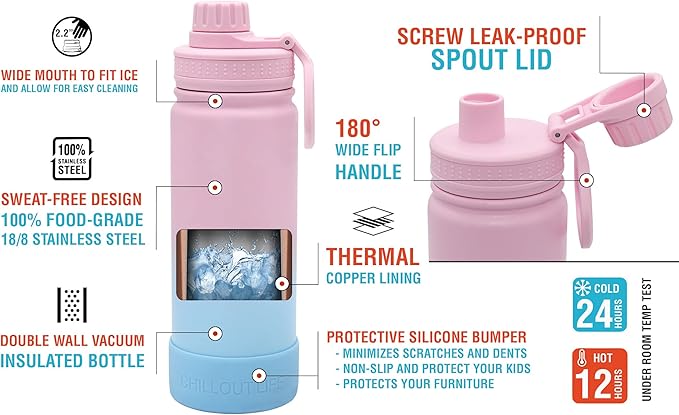 CHILLOUT LIFE 17 oz Kids Insulated Water Bottle for School with Leakproof Spout Lid and Cute Waterproof Stickers, Personalized Stainless Steel Thermos Flask Metal Water Bottle for Girls & Boys