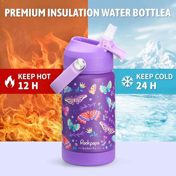 rockpapa 14 oz Kids Insulated Water Bottle，Stainless Steel Toddler Cups with Straws, BPA Free, Leak-Proof, Kids Water Bottle for School Boys& Girls (Purple Butterfly)