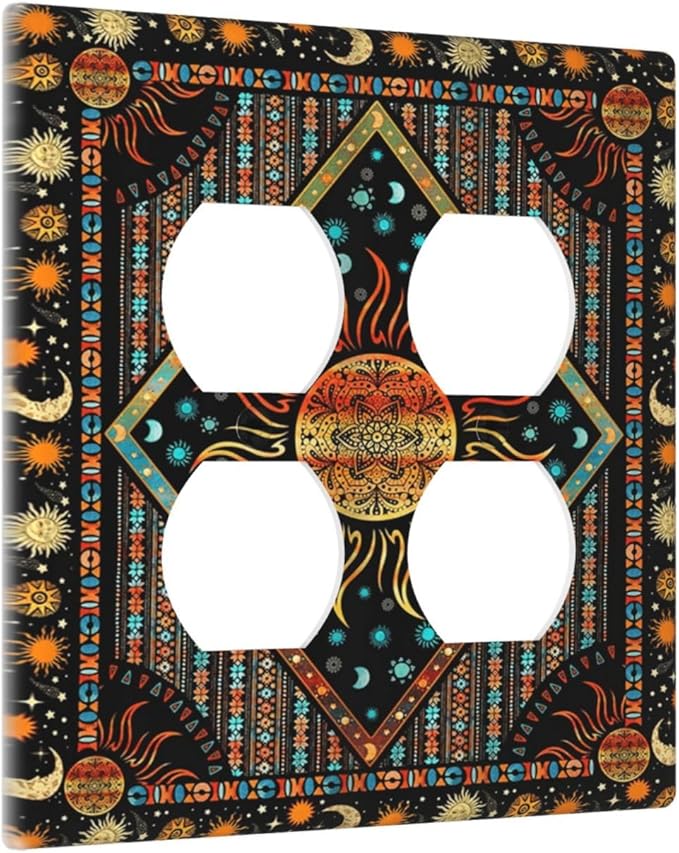 Decorative Outlet Covers Boho Burning Sun Moon Hippie Retro Bohemian Gypsy 2 Gang Wall Plate Single Toggle 1 Rocker Light Switch Cover Switch Plate Covers Faceplate for Home Decor