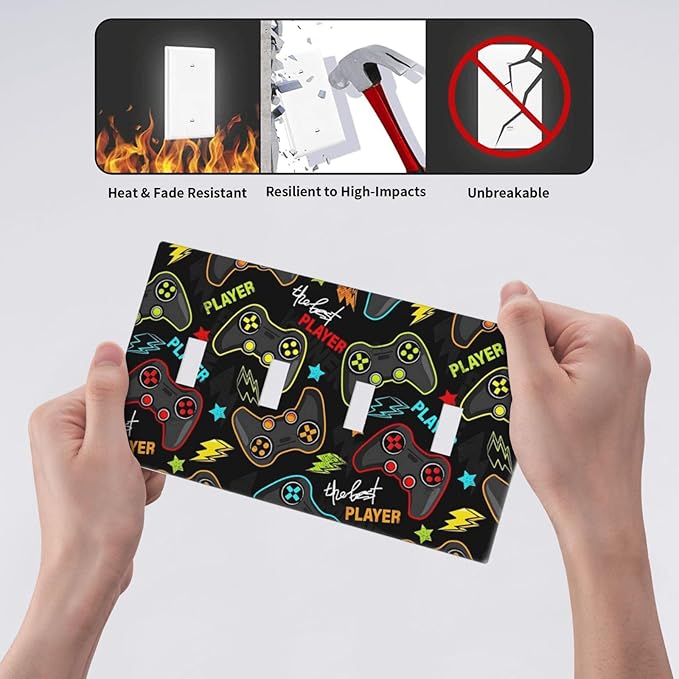 Kid Boys Gamer Gaming Game 4 Gang Device Light Switch Cover Decorative Quad Toggle Wall Plate Decorative Electrical Faceplate for Home Bedroom Art Decorate