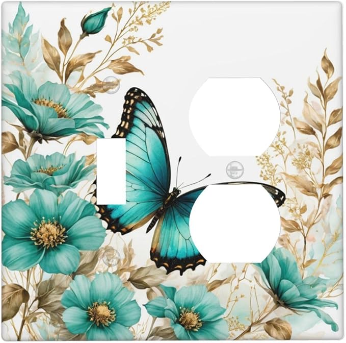 Decorative Outlet Covers Butterfly on Blue Daisy Flower Floral Golden Leaf 2 Gang Wall Plate Cover Single Toggle Duplex Combo Two Switch Light Switch Cover Plate Face Plate