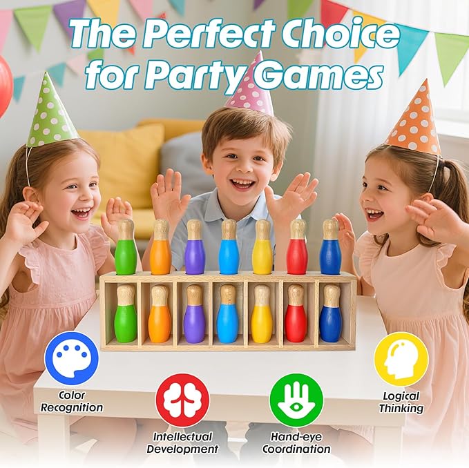 pamexin Family Games for Kids, Wooden Bowling Color Matching Game with 7 Bright Pins and Storage Bag, Family Board Games Party Birthday Gift, Fun Party Game for Boys Girls