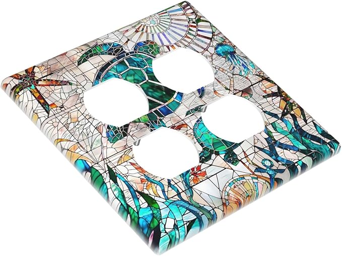 Summer Nautical Mosaic Turtles 2-Gang Device Duplex Wall Plate, Beach Tropical Ocean Wild Life Marine Compass Decorative Two Gang Double Duplex Receptacle Socket Outlet and Light Switch Cover Plate