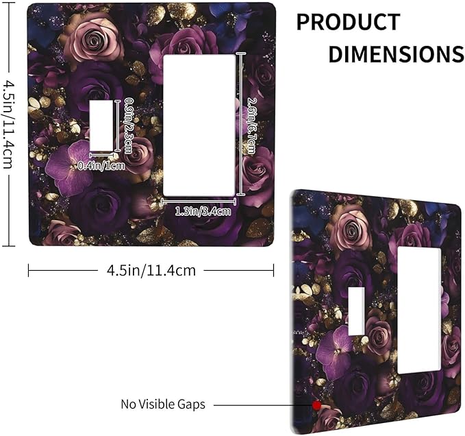 Decorative Toggle Switch Cover Plate with Luxurious Purple Roses Gold Accents Leaves Design 2-Gang 1-Gang Standard Wall Plate Light Switch Cover for Romantic Bedroom/Living Room Decor