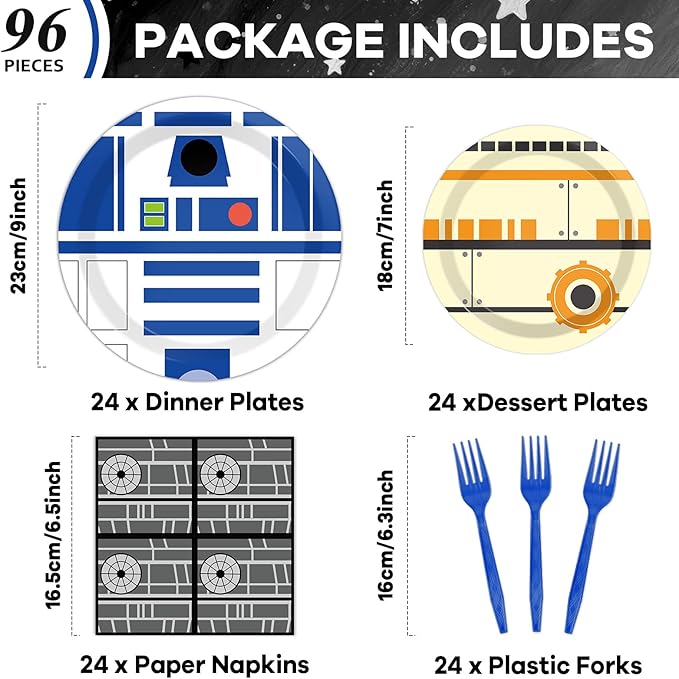 96 Pcs Galaxy Movie Star Birthday Paper Plates and Napkins Stars Party Decorations Space Theme Tableware Galaxy War Disposable Dinnerware Set for Universe Outer Space Birthday Party Serves 24 Guests