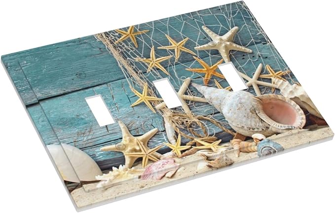 Nautical Beach Starfish Teal Wood 3 Gang Light Switch Plate Decorative Triple Toggle Wall Plate Cover Electrical Faceplate for Bathroom Home Living Room Decorate