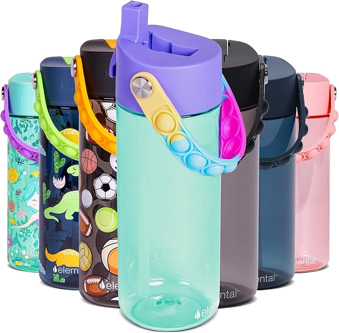 Elemental Water Bottles for Kids - Splash Kids Water Bottle for School with Pop-it Handle - BPA Free Tritan Plastic Water Bottle with Straw Leak Proof when Spout is Closed - Blue Tie Dye- 18oz