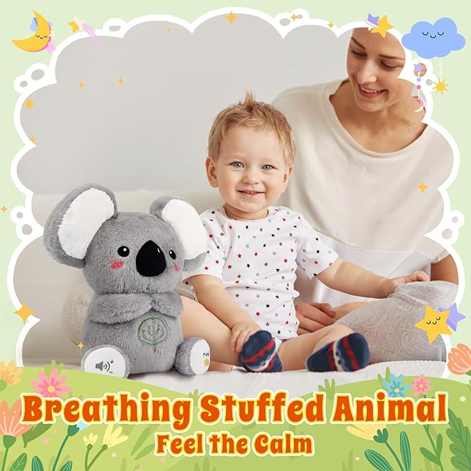 BRICHOEE Breathing Stuffed Animal, Soothing Koala Stuffed Animal with Moving Ears, Breathing Motion, Calming Sound and Light for Baby Sleep Companion Portable Plush Toy Gifts for Kids Adults Newborns