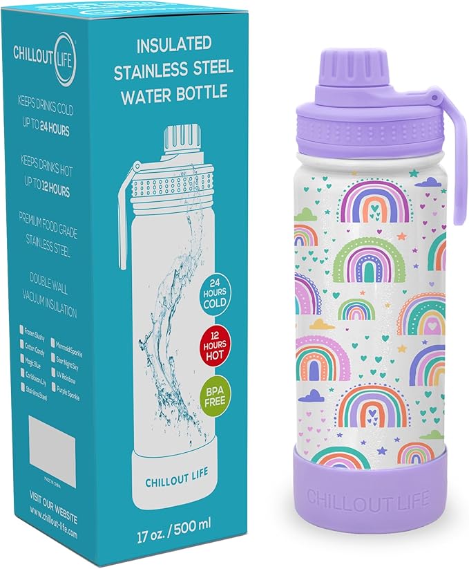 CHILLOUT LIFE 17 oz Kids Insulated Water Bottle for School with Leakproof Spout Lid and Cute Waterproof Stickers, Personalized Stainless Steel Thermos Flask Metal Water Bottle for Girls & Boys