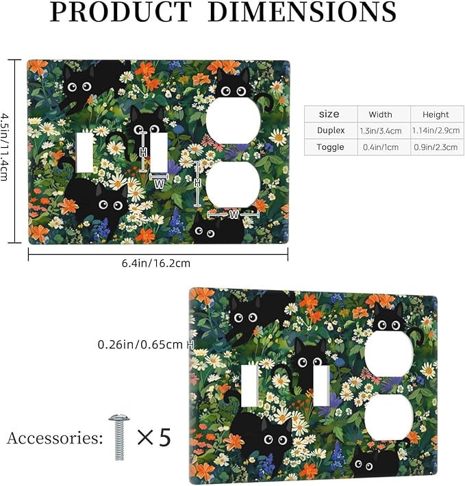 Black Boho Green Leaves Floral 3-Gang 2-Toggle 1-Duplex Receptacle Combination Light Switch Decorative Triple Combo Device Switches/Rocker Outlet Covers and Wall Plate