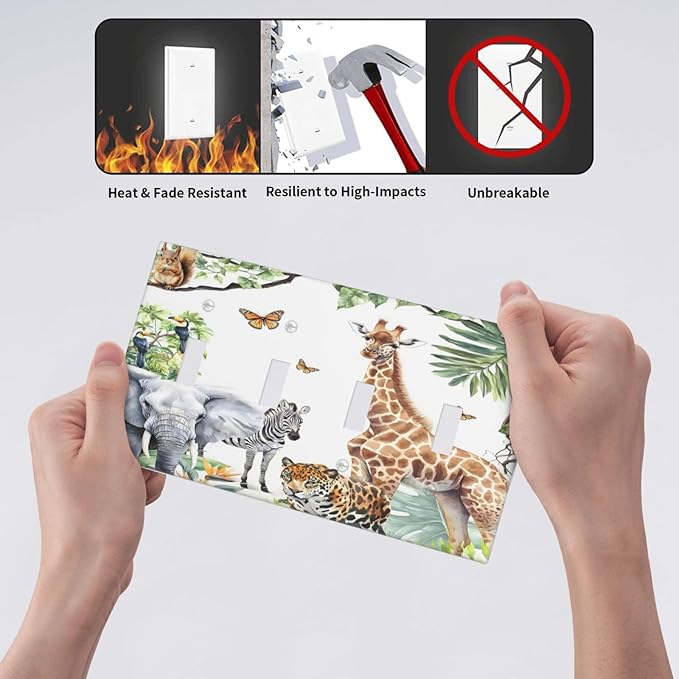 Elephant Giraffe Jungle Animals Leopard Zoo Light Switch Covers Quad Toggle Electrical Faceplate 4 Gang Wall Plate Decorative Switch Plates Cover for Kids Room Nursery Decor