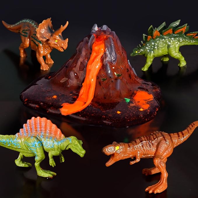 Dinosaur Slime Making Kit, Jelly Cube/Butter/Crystal/Glow in The Dark Slime with Add-ins, Includes Dino Figurines/Volcano, Christmas Birthday Party Favors Gift Toys for Kids Boys 6-12