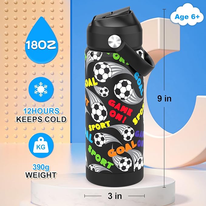Kids Water Bottle with Straw,18 oz Boys Insulated Cups with Stainless Steel Leak Proof for School,Sport&Travel（Soccer）
