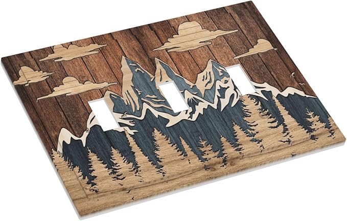 Blue Mountain Range Forest Nature Wilderness Wood Texture Decorative Switch Plates 3 Gang Wall Plate Triple Toggle Light Switch Cover Faceplate Electrical Wall Panels for Farmhouse Home Decor