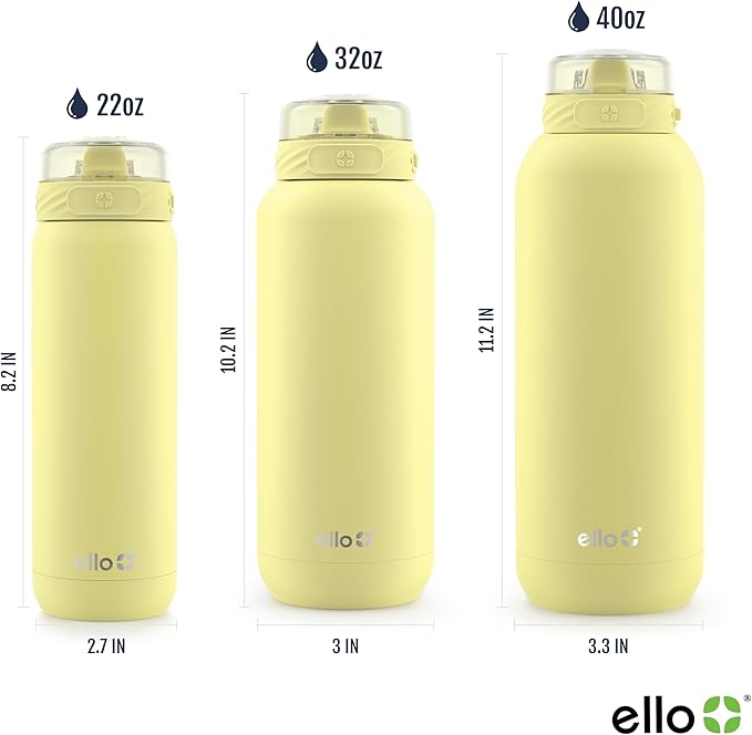 Ello Cooper 32z Stainless Steel Water Bottle with Straw and Carry Handle, Double Walled and Vacuum Insulated Metal, Leak Proof Locking Lid with Soft Silicone Spout, Reusable, BPA Free, Lemonade