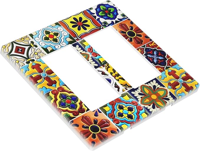 Boho Mexican Moroccan Tile 2 Gang Double GFCI Rocker Rocker/Decorator Light Switch Cover Decorative Outlet Wall Plate Electrical Faceplate Screwless