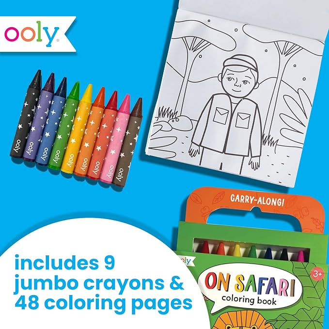 Ooly Travel Art Kit with 9 Jumbo Crayons & 48 Themed Coloring Pages & Case for Easy Traveling Art Creation, Perfect Airplane & Road Trip Activities for Kids - Safari