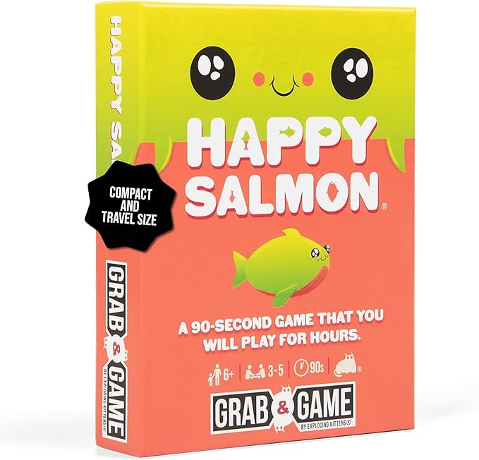 Exploding Kittens Happy Salmon Grab & Game - 3-8 Players - Ages 6+ - 90 Second Rounds - Travel Sized Cards - Easy to Learn Quick Matching - Party, Family Night, Kids and Adults