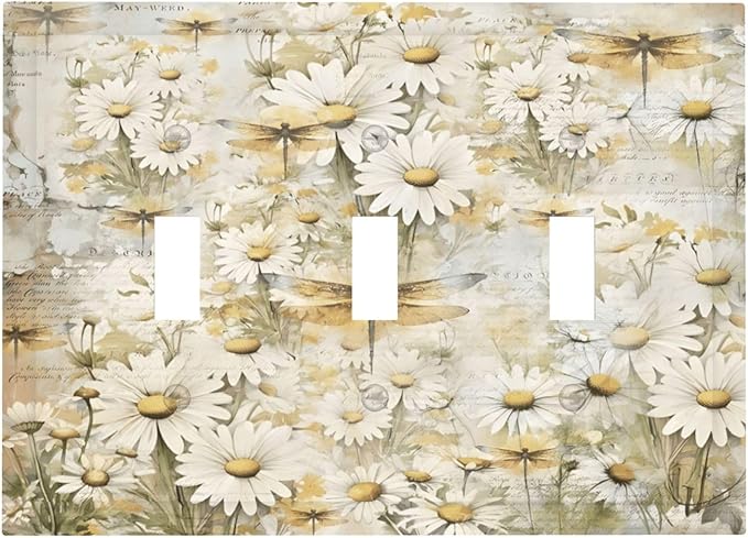 Vintage Letter Paper Wildflowers Dragonfly Daisy Floral Decorative Switch Plates 3 Gang Wall Plate Triple Toggle Light Switch Cover Faceplate Electrical Wall Panels for Farmhouse Bedroom Decor