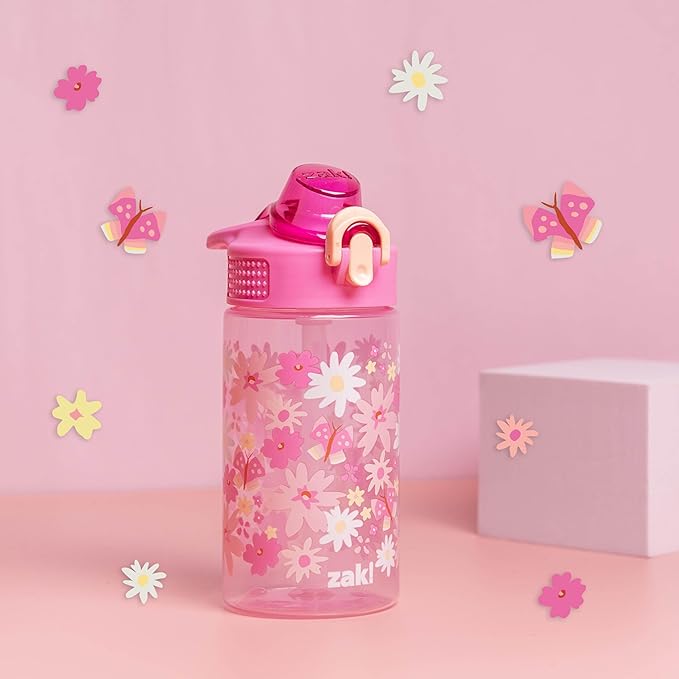 Zak Designs Sage Water Bottle For School or Travel, 16oz Durable Plastic Water Bottle With Straw, Handle, and Leak-Proof, Pop-Up Spout Cover (Flower Power)