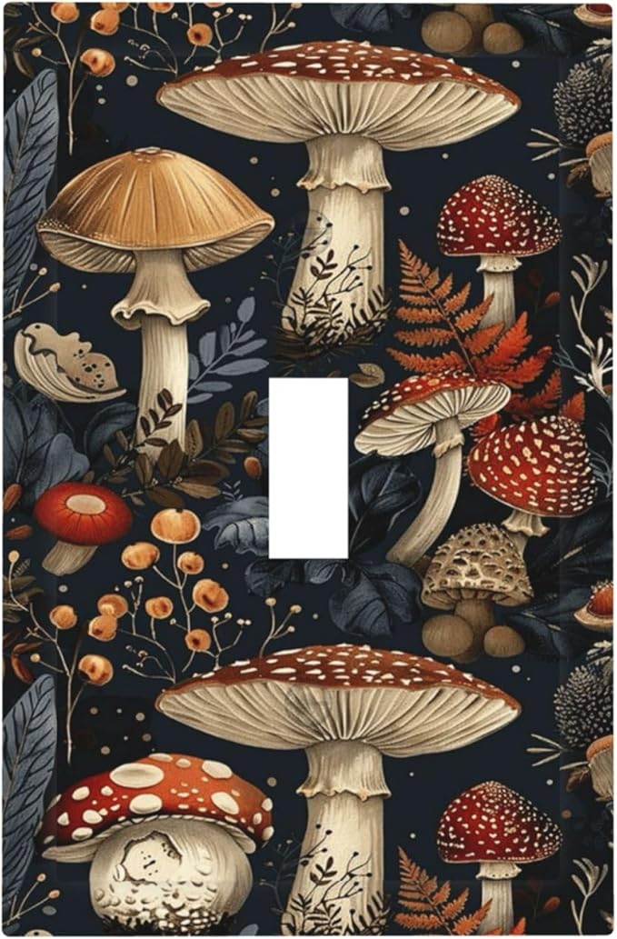 Decorative Light Switch Cover Plate Vintage Mushroom Floral 1 Gang Single Toggle Wall Plate Electrical Outlet Covers Decorate Switch Plate Cover for Bedroom Kids room Decor
