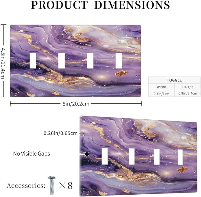 Abstract Purple Gold Marble Texure Luxurious Light Switch Covers Quad Toggle Electrical Faceplate 4 Gang Wall Plate Decorative Switch Plates Cover for Bathroom Living Room Decor