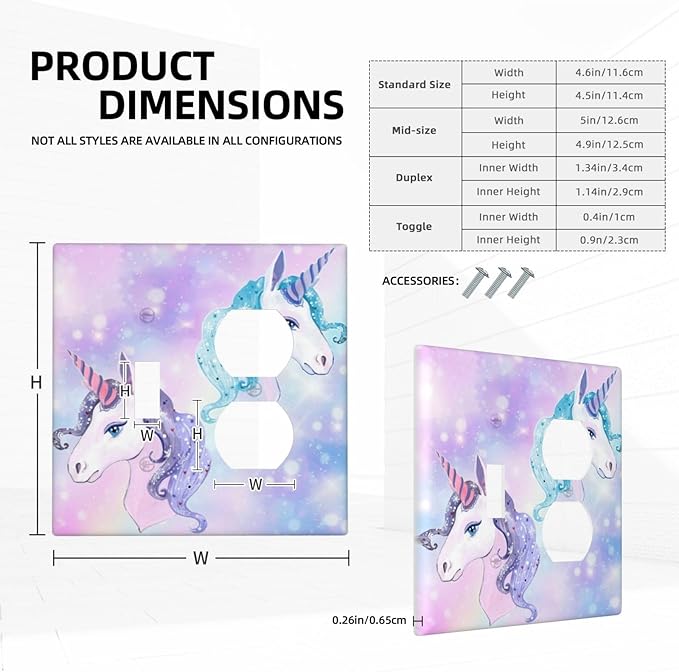 Rainbow Purple/Blue Unicorn 2-Gang 1-Toggle 1-Duplex Device Combination Wallplate Cute Funny Fantasy Animal Dreamy Nursery One Toggle Switch and One Duplex Receptacle Outlet Combo Light Switch Cover
