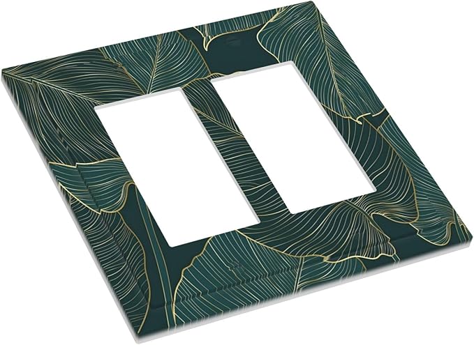 Gold Tropical Green Botanical Palm Leaves Decorative Outlet Covers 2 Gang Double GFCI Rocker Electrical Wall Panels Light Switch Cover Plate for Bedroom Living Room Decor