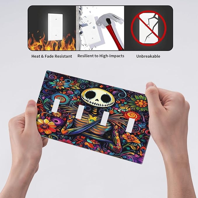 Light Switch Covers Colorful Flowers Abstract Skull Quad Toggle Electrical Faceplate 4 Gang Wall Plate Decorative Switch Plates For Home Living Room Decor
