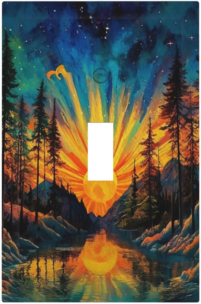 Light Switch Cover Plate Vintage Forest Sun Boho Mountain Starry Sky 1 Gang Single Toggle Decorative Switch Plates Wall Plates Electrical Faceplate for Bathroom Bedroom Decor