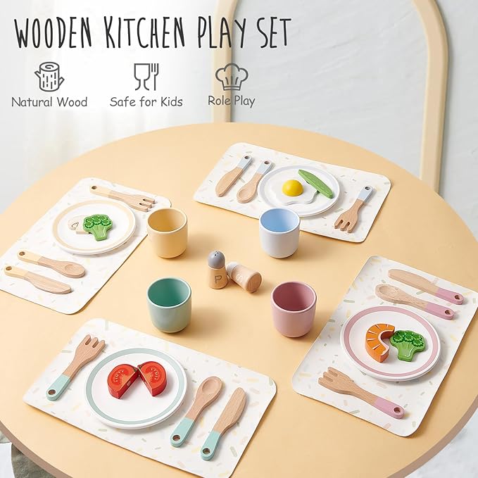 Lonico Wooden Play Kitchen Accessories Toys for Toddlers 3-5, Kids Play Kitchen with Realistic Plates & Dishes & Tableware, Montessori Pretend Christmas Birthday Gifts for 3 4 5 6 Years Girls Boys