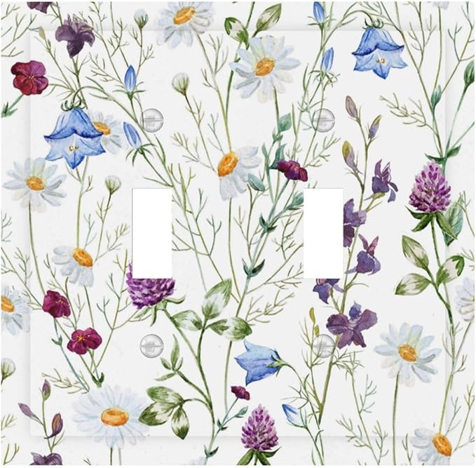 Floral Boho Multicolor Flower Plant Leaves Decorative Switch Plates 2 Gang Double Toggle Outlet Light Switch Cover Wall Plate Electrical Faceplate for Bedroom Living Room Decor