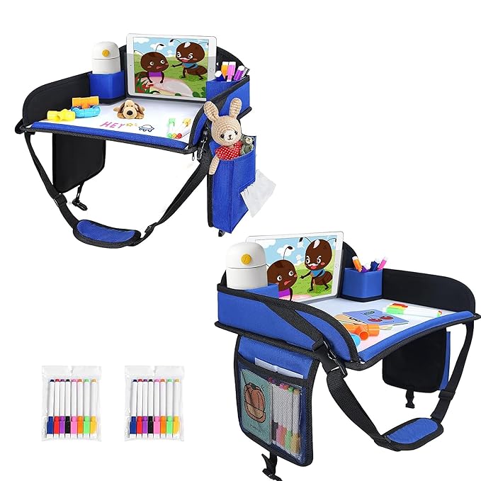 Kids Travel Tray, 2Pcs Kids Travel Trays for Car Seat, Road Trip Essentials for Toddler, Carseat Lap Tray Organizer for Road Trip, Airplane Activities for Kid, Blue