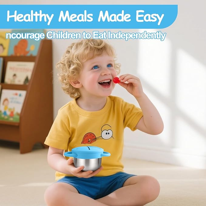 Mity rain Stainless Steel Snack Containers for Toddlers with Spill-Proof Silicone Lids Handles - 3-in-1 Baby Snack Cups, No-Spill Toddler Snack Box (Deep Blue+Deep Green, Two piece set)