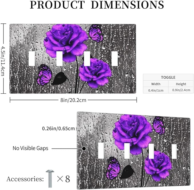 Romantic Purple Butterfly Rose Flower Decorative 4 Gang Quad Toggle Light Switch Cover Electric Large Size Quadruple Faceplate Decorative Switch Face Wallplate