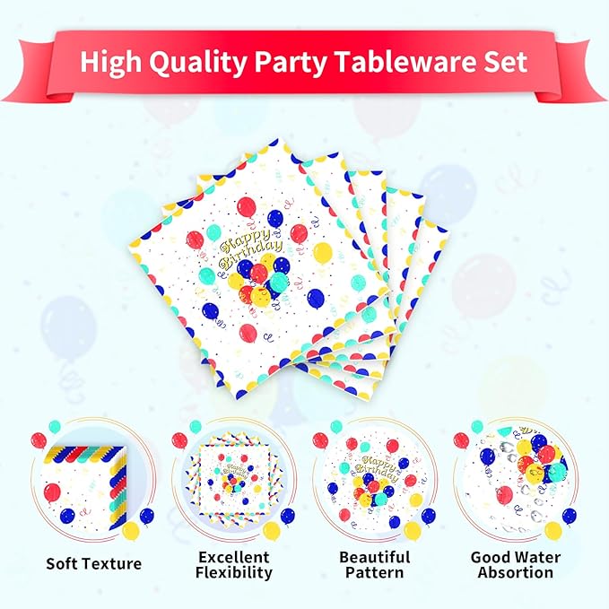 Birthday Party Supplies for 24 Guests – 96-Piece Disposable Party Tableware Set with Plates, Birthday Plates and Napkins, Forks, Colorful Balloons Party Supplies, Heavy Duty for Kids & Adults