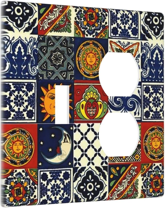 Mystic Boho Blue/Red Hippie Sun and Moon Mosaic 2-Gang 1-Toggle 1-Duplex Device Combination Wallplate Mexican Talavera Tile One Toggle Switch and One Duplex Receptacle Outlet Combo Light Switch Cover