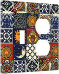 Mystic Boho Blue/Red Hippie Sun and Moon Mosaic 2-Gang 1-Toggle 1-Duplex Device Combination Wallplate Mexican Talavera Tile One Toggle Switch and One Duplex Receptacle Outlet Combo Light Switch Cover
