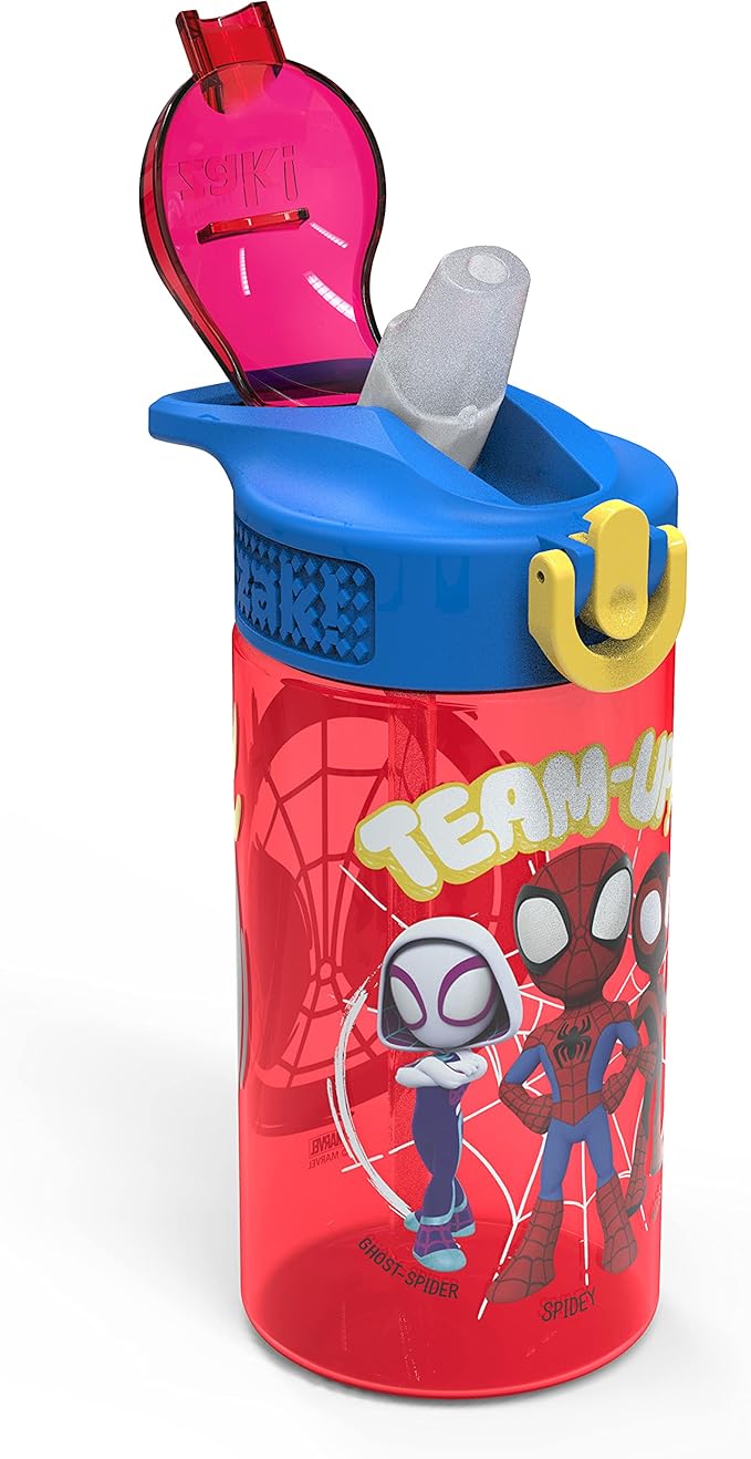 Zak Designs Marvel Spider-Man Kids Water Bottle with Spout Cover and Carrying Loop, Durable Plastic, Leak-Proof Water Bottle Design for Travel (16 oz, 2-Pack, Spidey and His Amazing Friends)