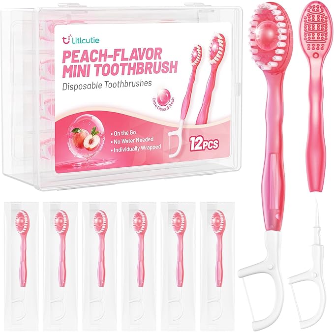 12 Pack 5 in 1 Disposable Mini Toothbrushes with Toothpaste, Floss, Pick & Tongue Scraper, Individually Wrapped, Portable Toothbrush Travel Set for Kids Adults, Peach Flavor