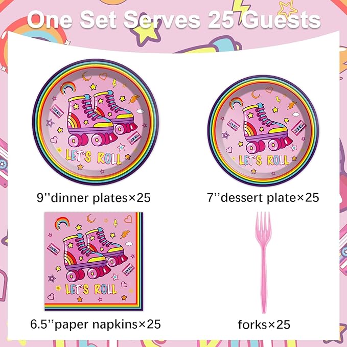 Qyeahkj 100 Pcs Roller Skating Party Plates and Napkins Set Pink Roller Skate Birthday Decorations Supplies Tableware Roll Skating Themed Party Favors for Girls Birthday Decorations Serves 25