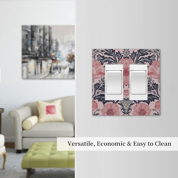 Pink Floral Vintage Botanical Boho Flower Decorative Outlet Covers 2 Gang Double GFCI Rocker Electrical Wall Panels Light Switch Cover Plate for Farmhouse Home Decor