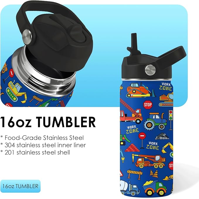 Construction Gifts for Men & Women - 16 Oz Water Bottle with Straw Lid, Stainless Steel Insulated Tumbler, Leak Proof, BPA-Free, for Boys, Travel - Truck Lovers Teen Birthday Gifts Cups(1pc)