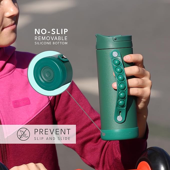 Elemental Iconic Kids Water Bottle for School - 100% Leak-Proof Insulated Water Bottles with Straw Lid & Pop-It Handle for Boys & Girls - Triple-Wall Insulated & BPA-Free, 14oz –Forest Green