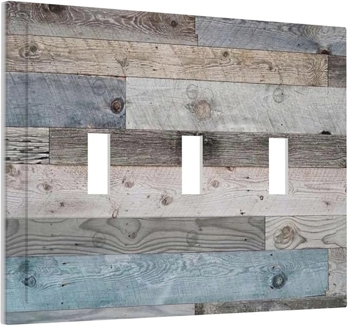 Vintage Kitchen Blue/Grey Wood Wooden 3 Gang Outlet Light Switch Triple Toggle Wall Plate Cover Cabin Barn Door Rustic Country Three Device Decorative Jumbo Size Decorator Receptacle Face Wallplate